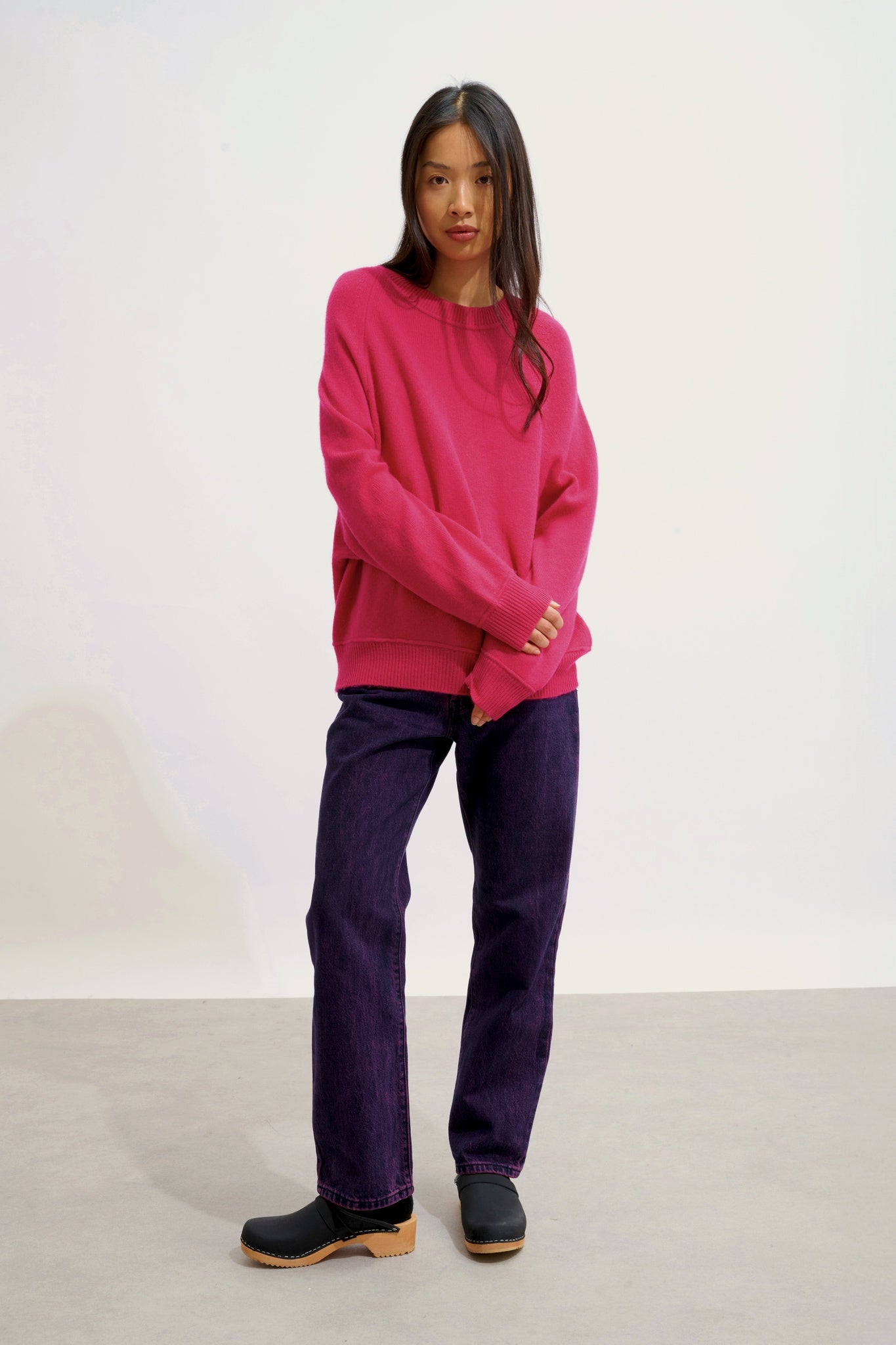 ADORIA pull col rond 4 fils fuchsia 100% cachemire