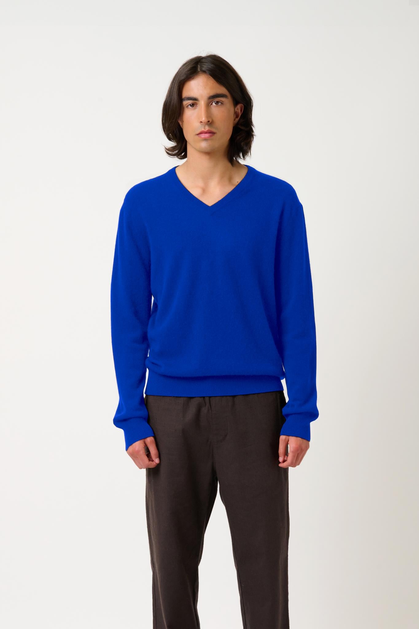 AGEL Indigo Pullover mit V-Ausschnitt, 100 % Kaschmir