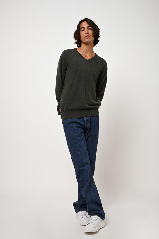 AGEL khaki mottled v-neck sweater 100% cashmere