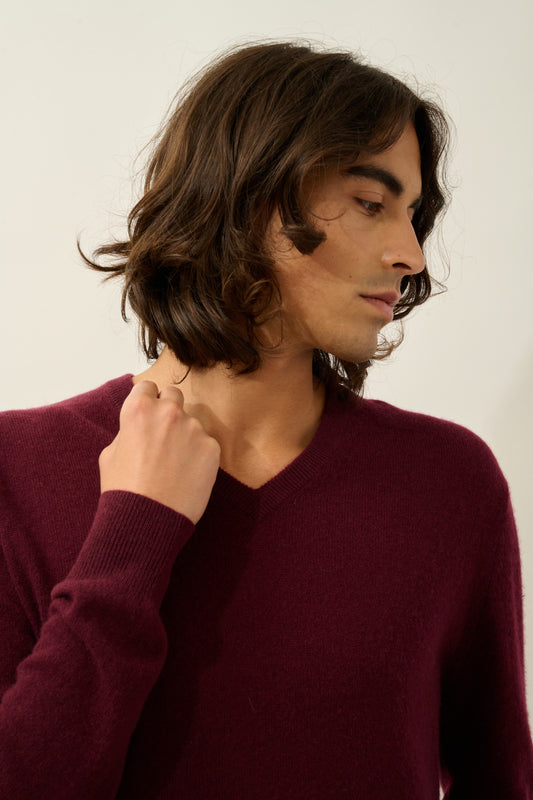 AGEL pull col v mûre 100% cachemire