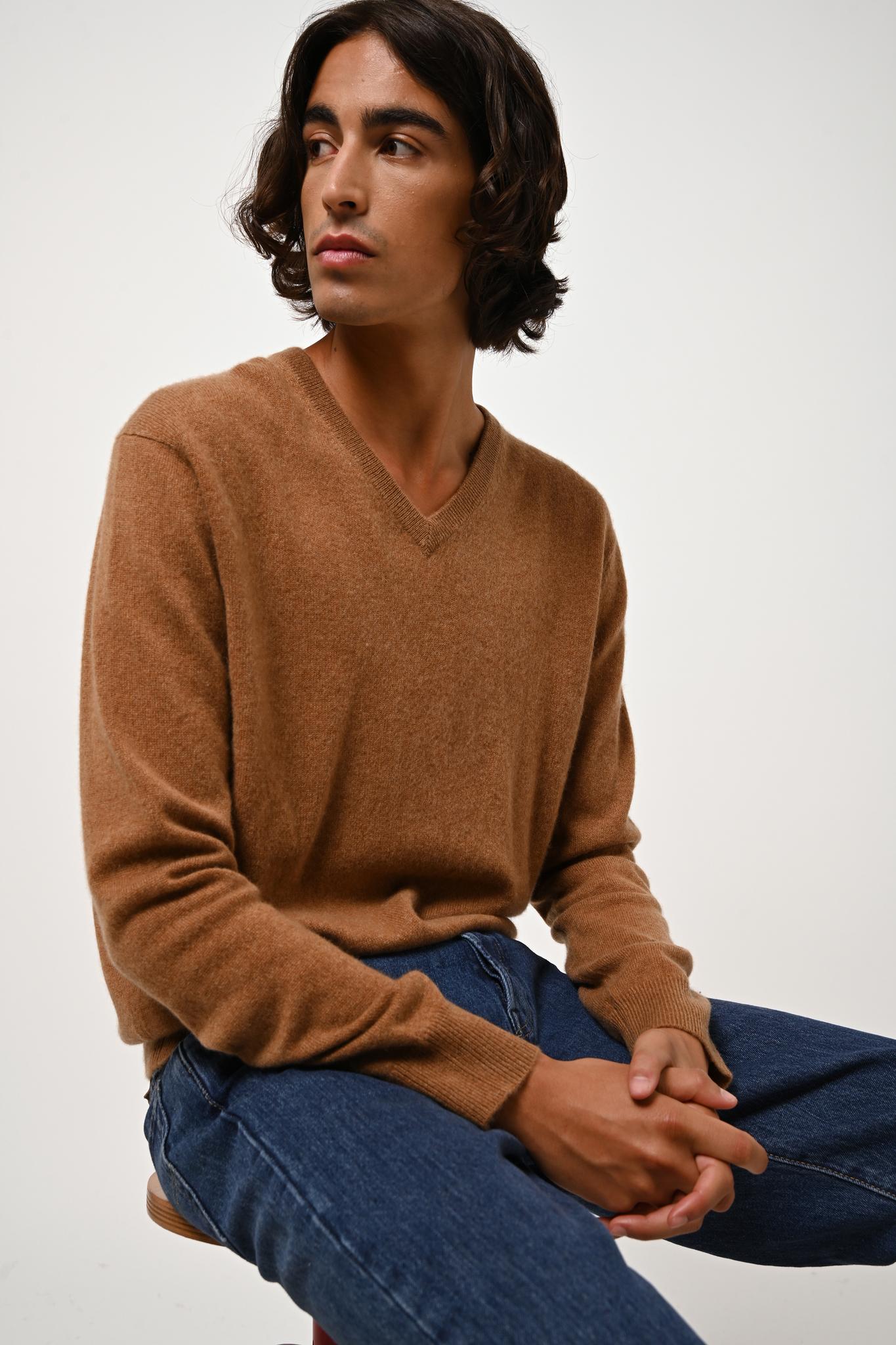 AGEL Pullover mit V-Ausschnitt haselnussbraun 100% Kaschmir