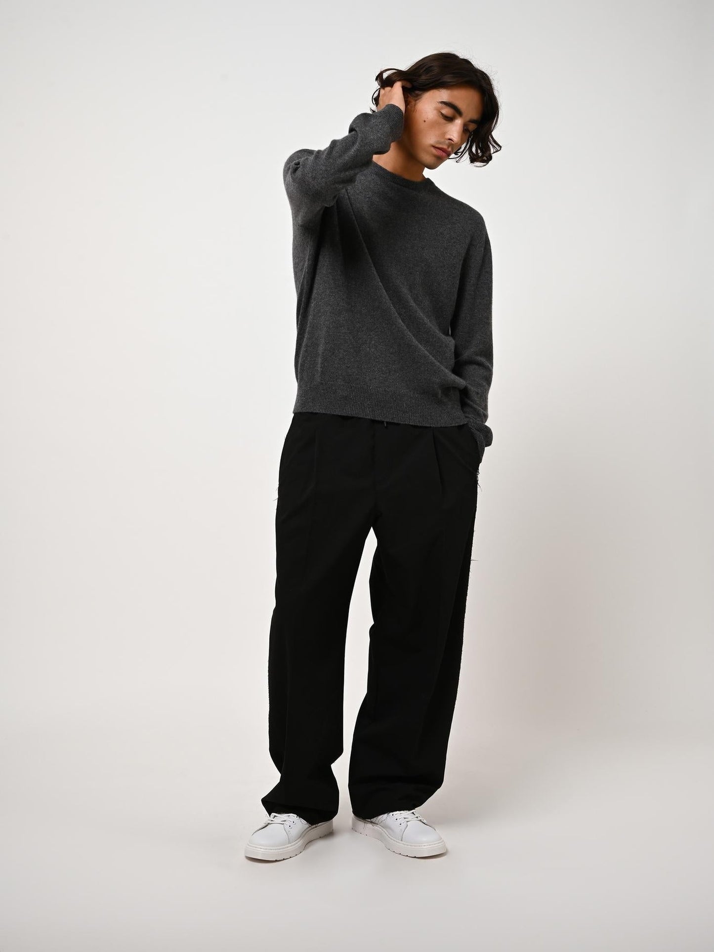 AIGLIÈRE pull col rond anthracite chiné 100% cachemire