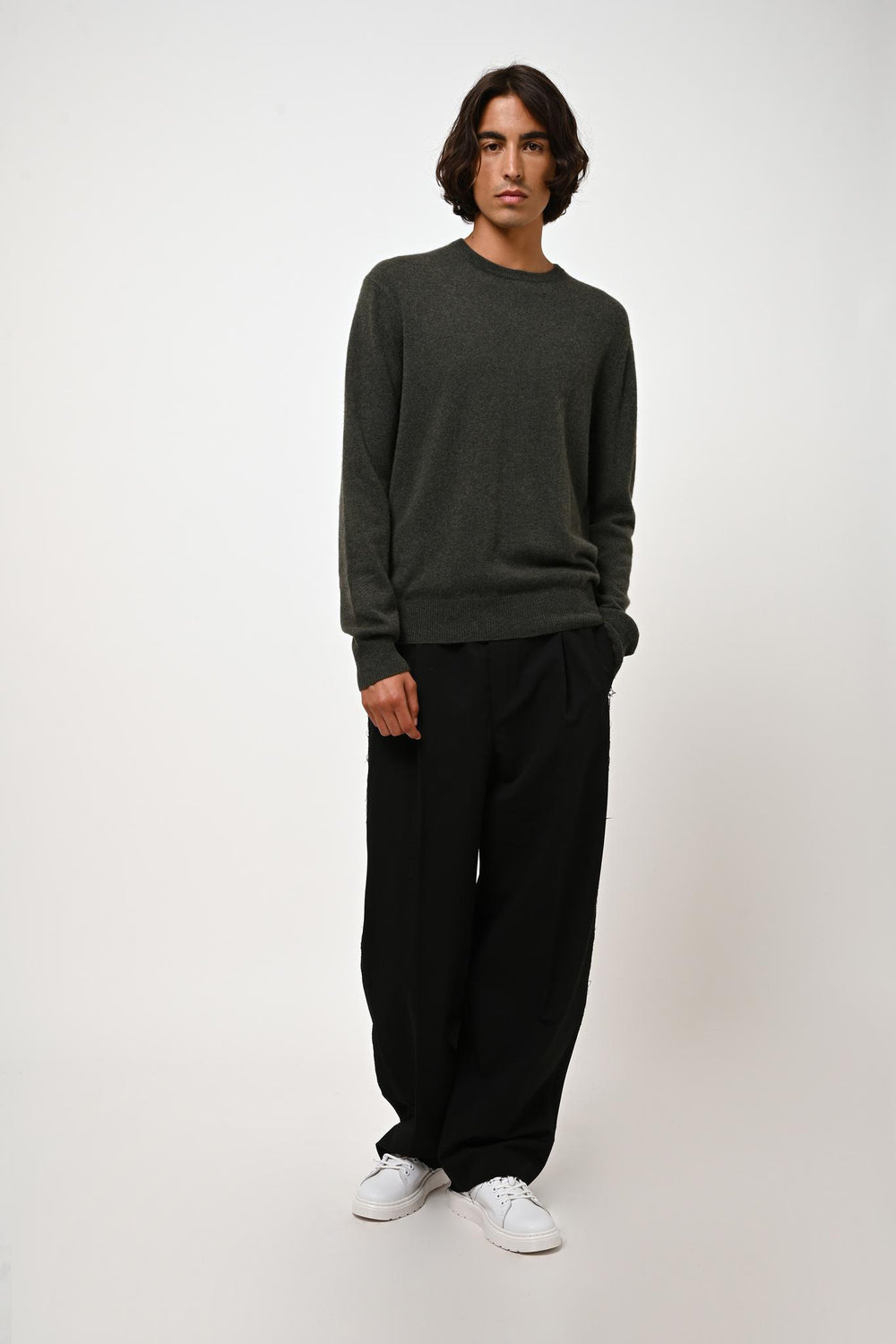 AIGLIÈRE Pullover mit Rundhalsausschnitt khaki meliert 100% Kaschmir