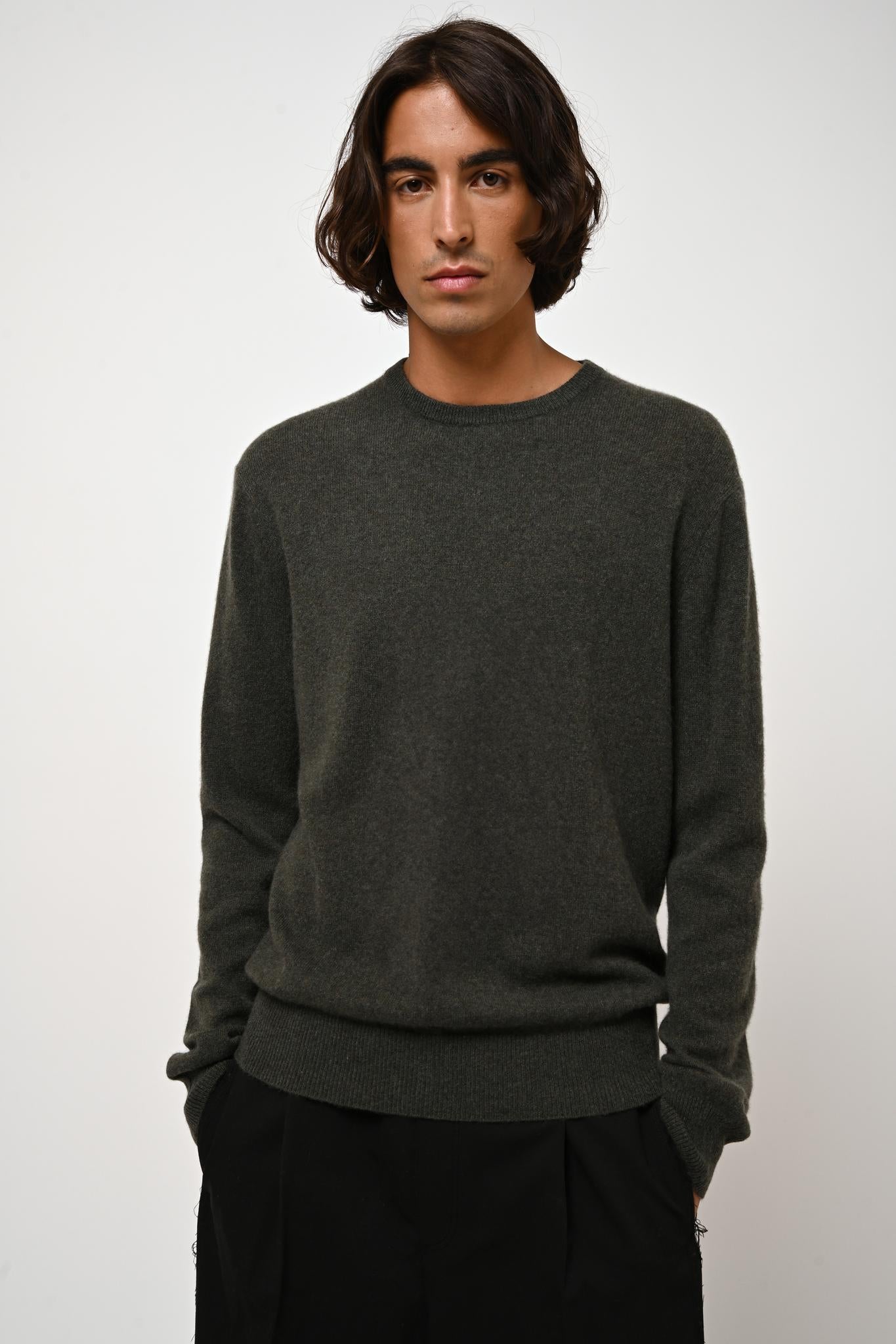 AIGLIÈRE Pullover mit Rundhalsausschnitt khaki meliert 100% Kaschmir