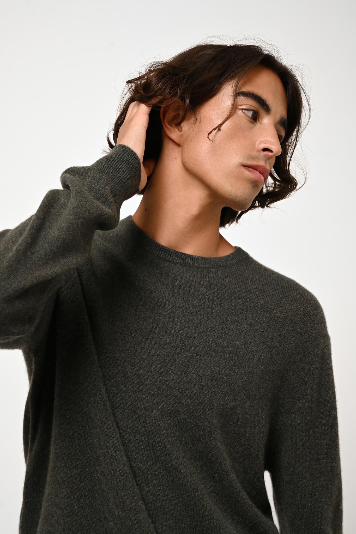 AIGLIÈRE Pullover mit Rundhalsausschnitt khaki meliert 100% Kaschmir