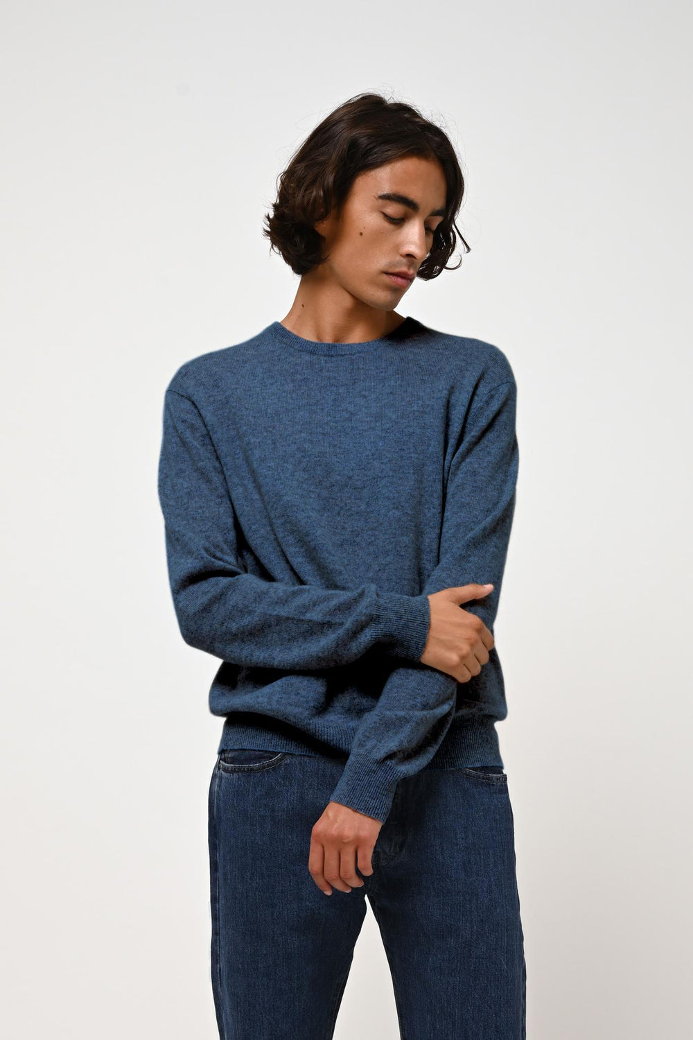 AIGLIÈRE pull col rond ocean chiné 100% cachemire