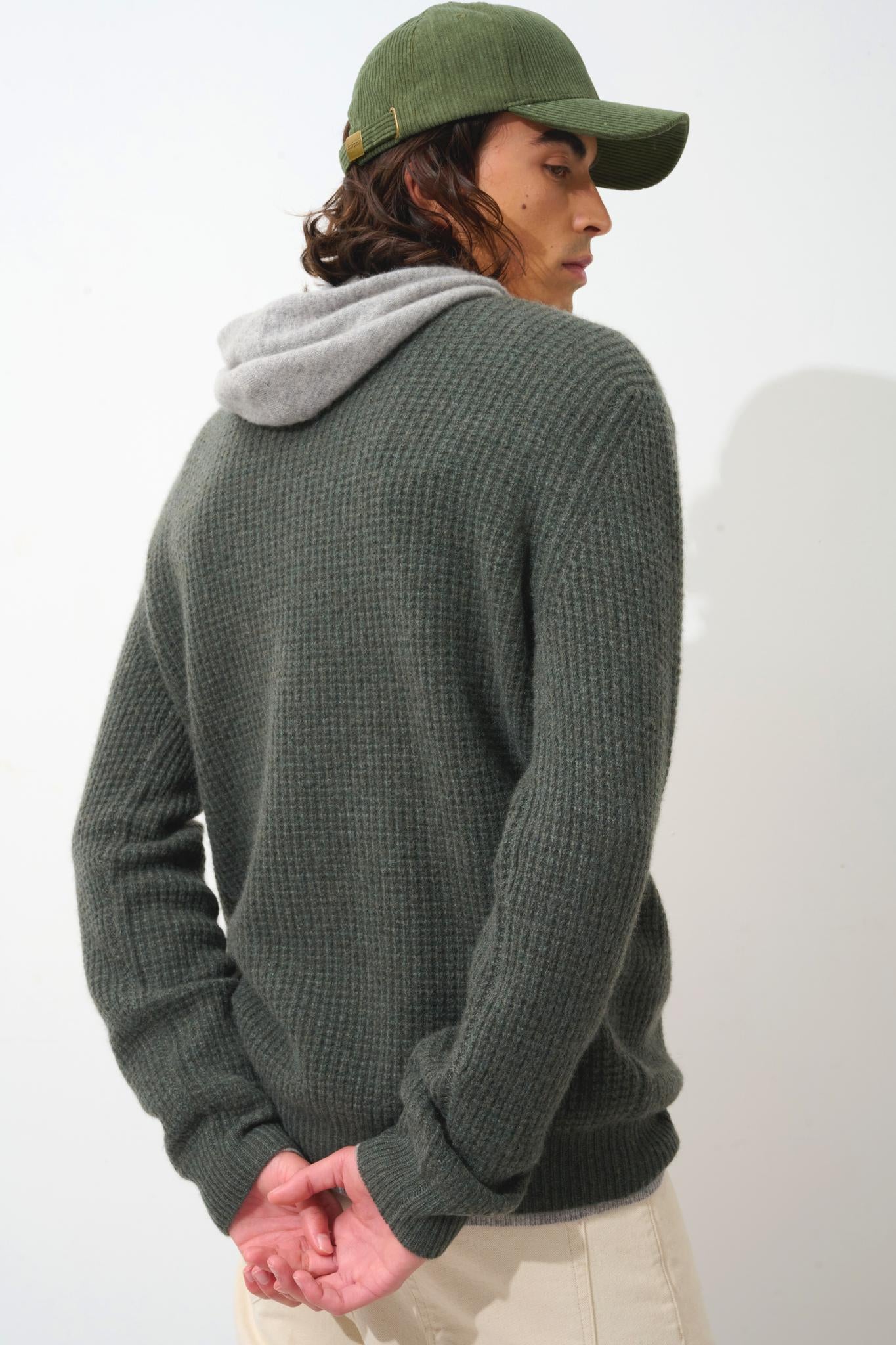 AKSEL 4-thread khaki mottled round-neck sweater 100% cashmere