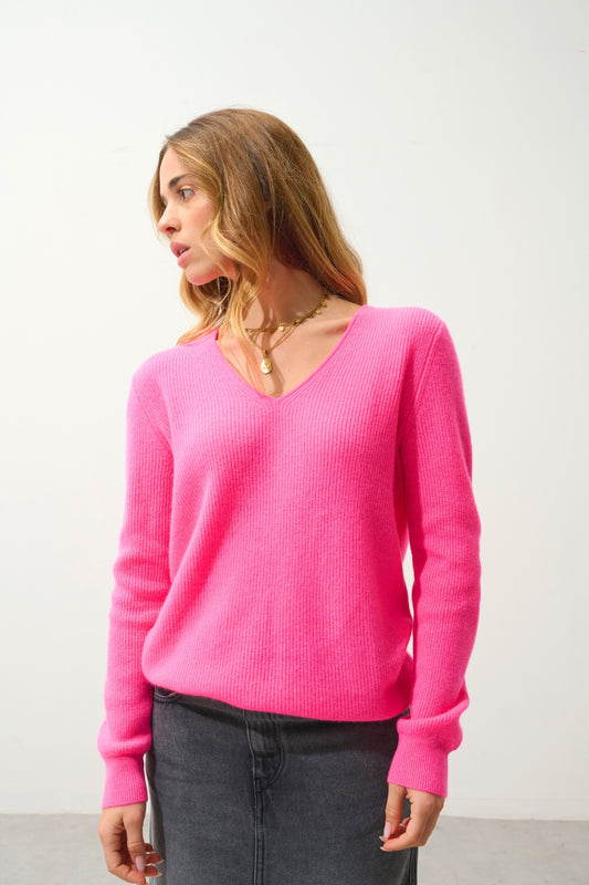 ALAYA pull col v rose fluo 100% cachemire