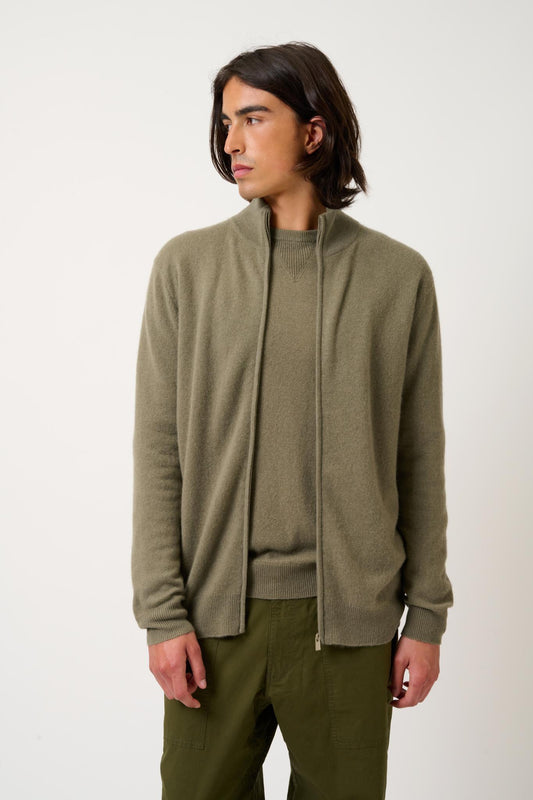 ALBARON zipped cardigan army stand-up collar 100% cashmere