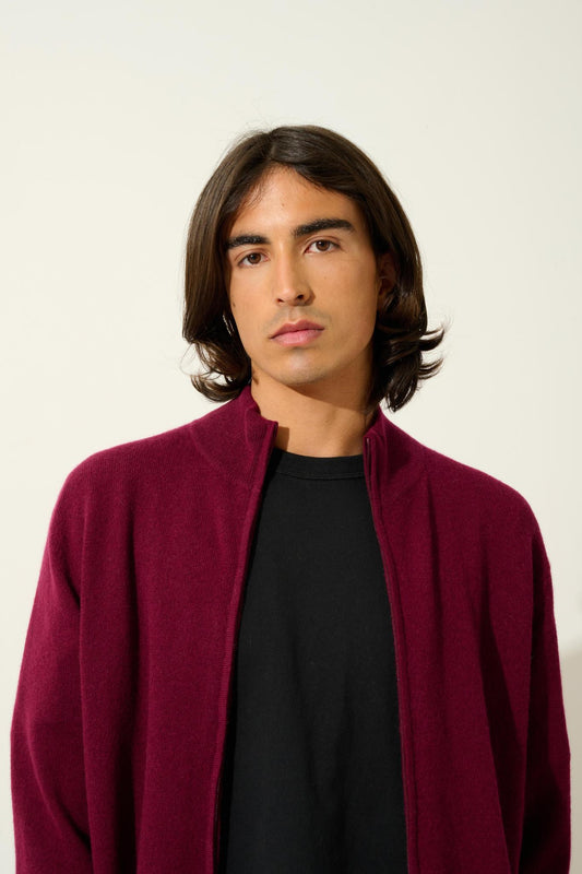 ALBARON zipped cardigan stand-up collar burgundy 100% cashmere