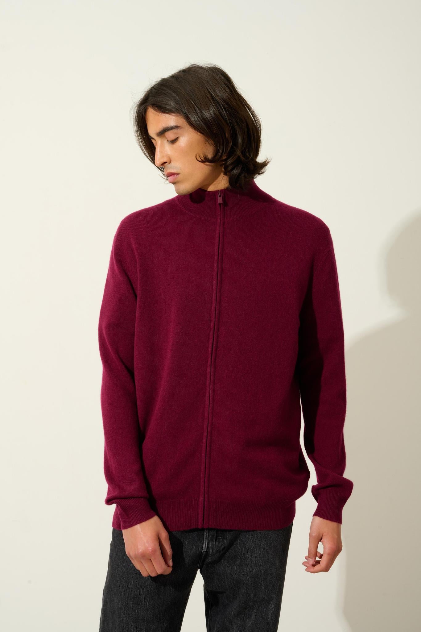 ALBARON Burgunder Strickjacke mit hohem Kragen und Reißverschluss, 100 % Kaschmir