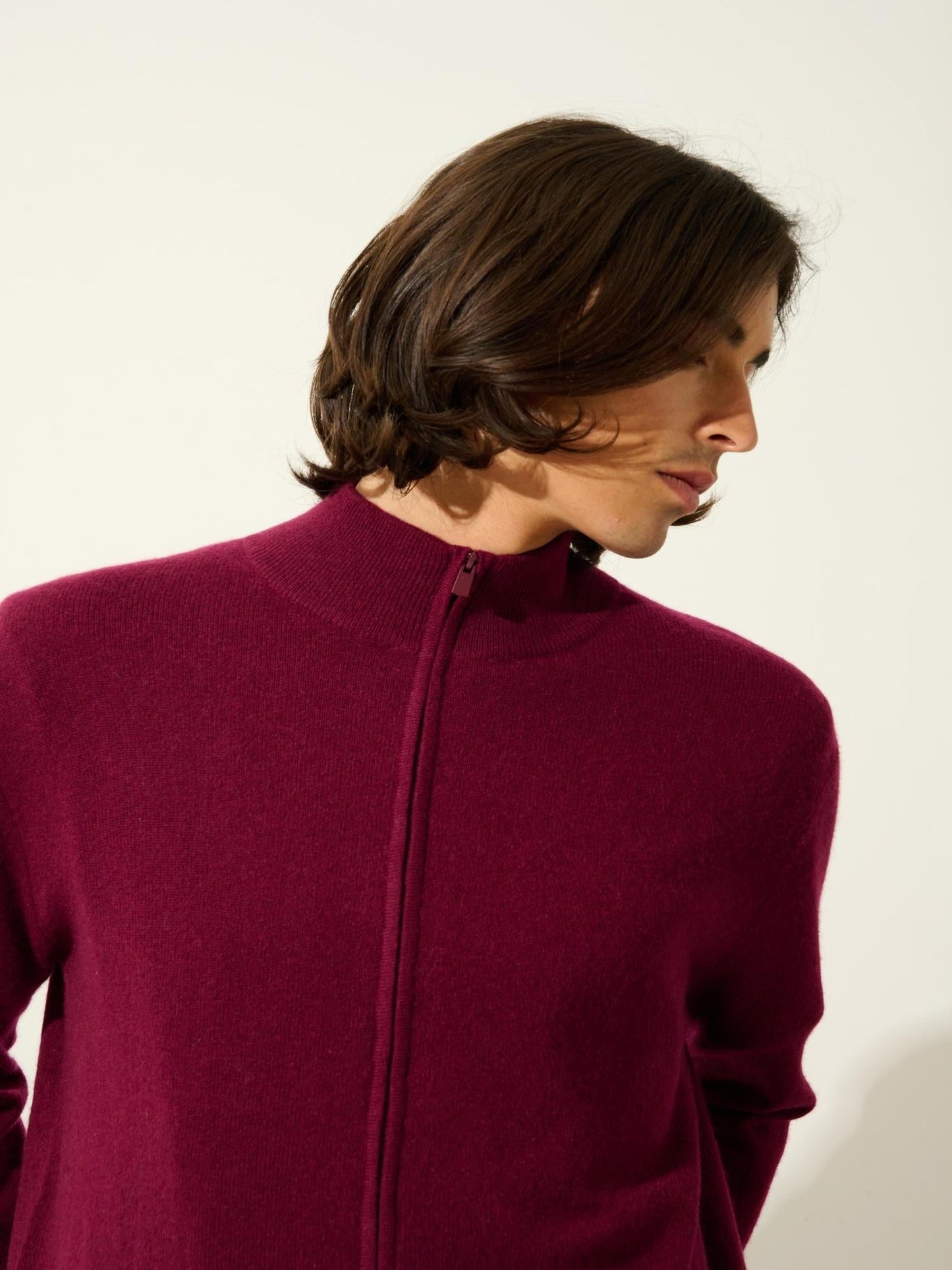 ALBARON gilet zippé col montant bordeaux 100% cachemire