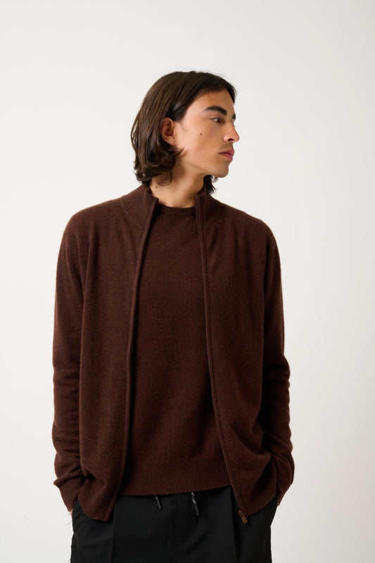 ALBARON zipped cardigan stand-up collar coffee 100% cashmere