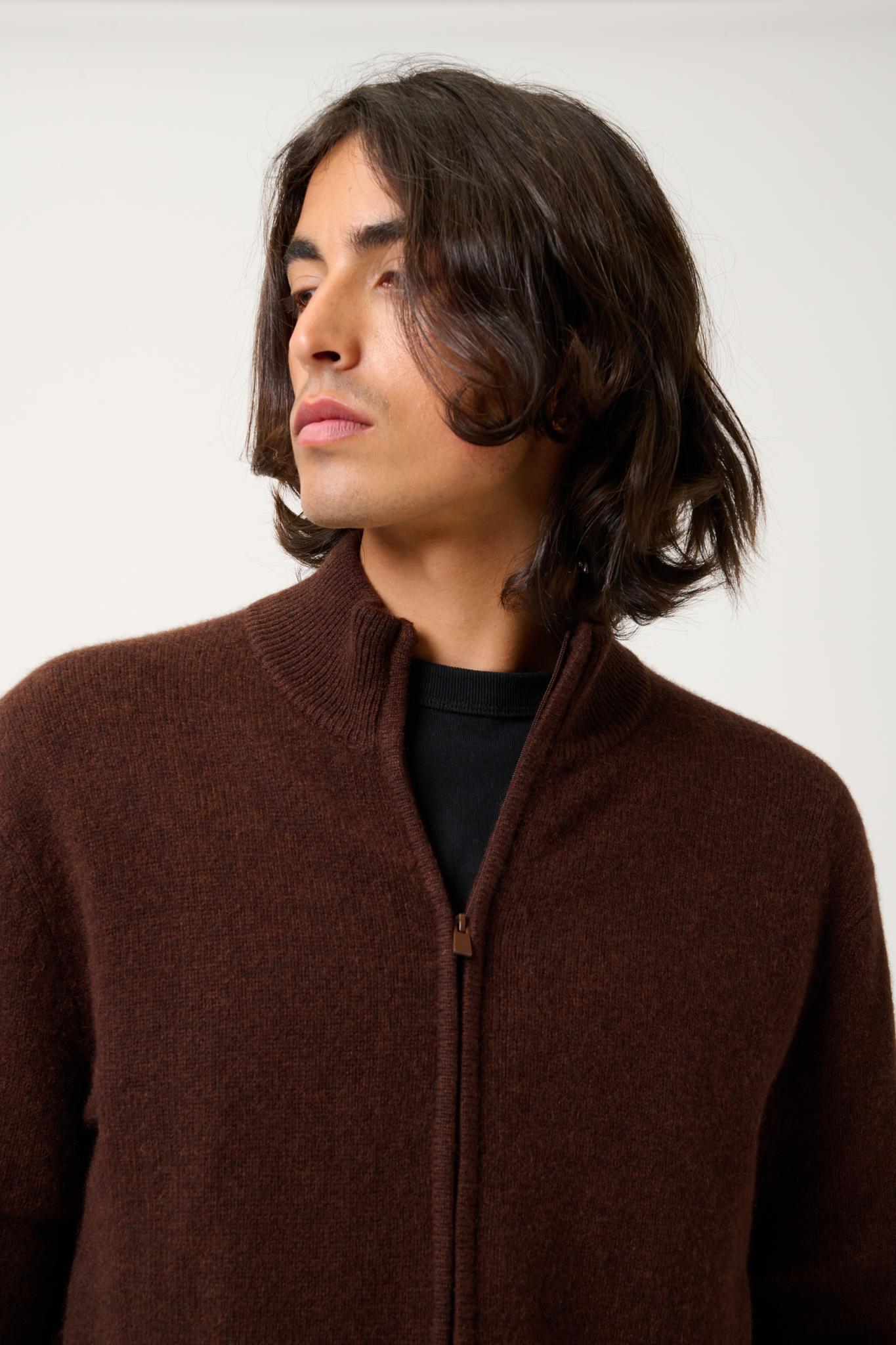 ALBARON Zipper-Cardigan mit Stehkragen, Kaffee, 100% Kaschmir