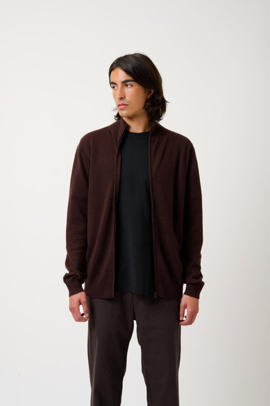 ALBARON zipped cardigan stand-up collar choco 100% cashmere
