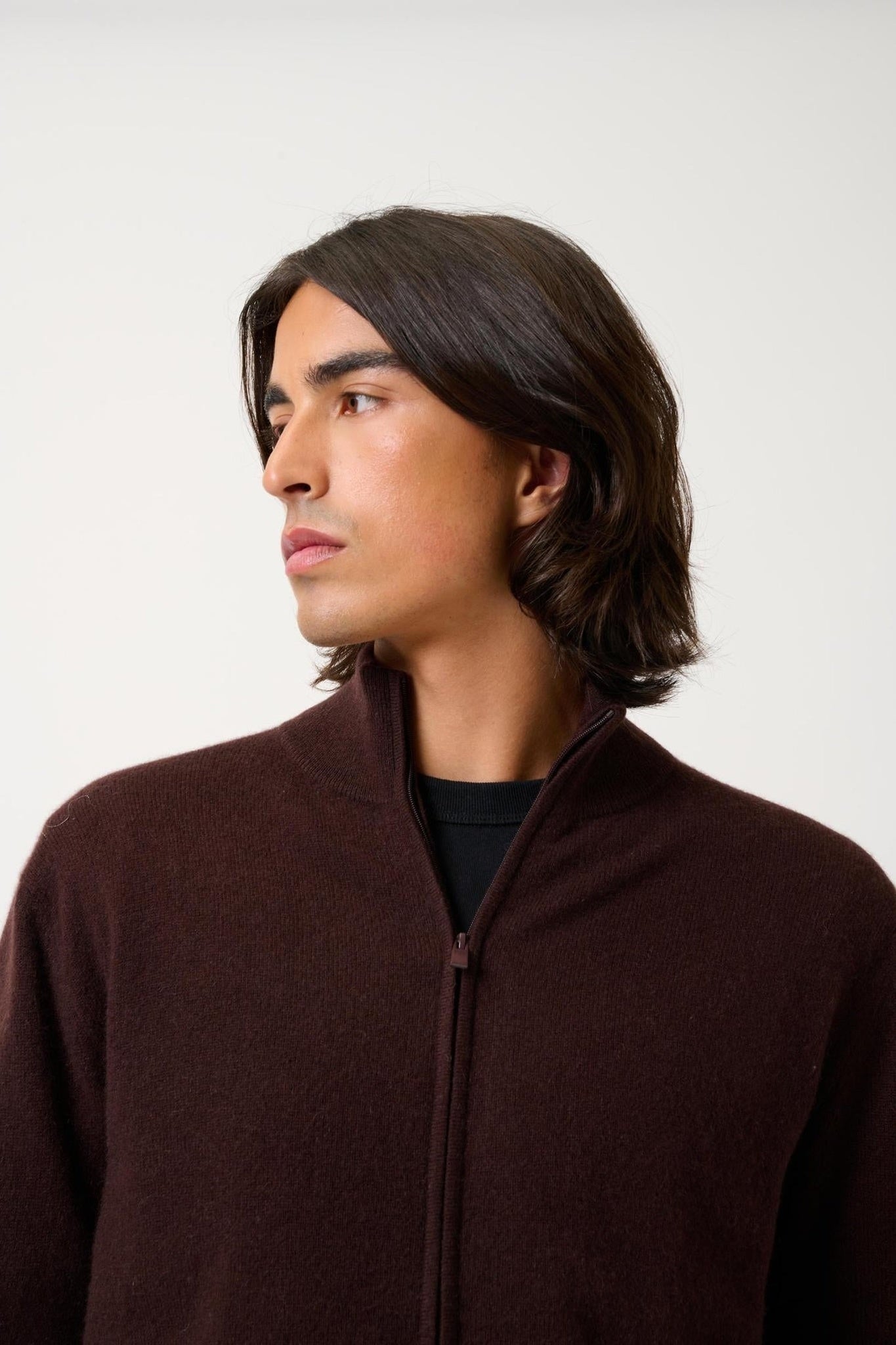 ALBARON gilet zippé col montant choco 100% cachemire