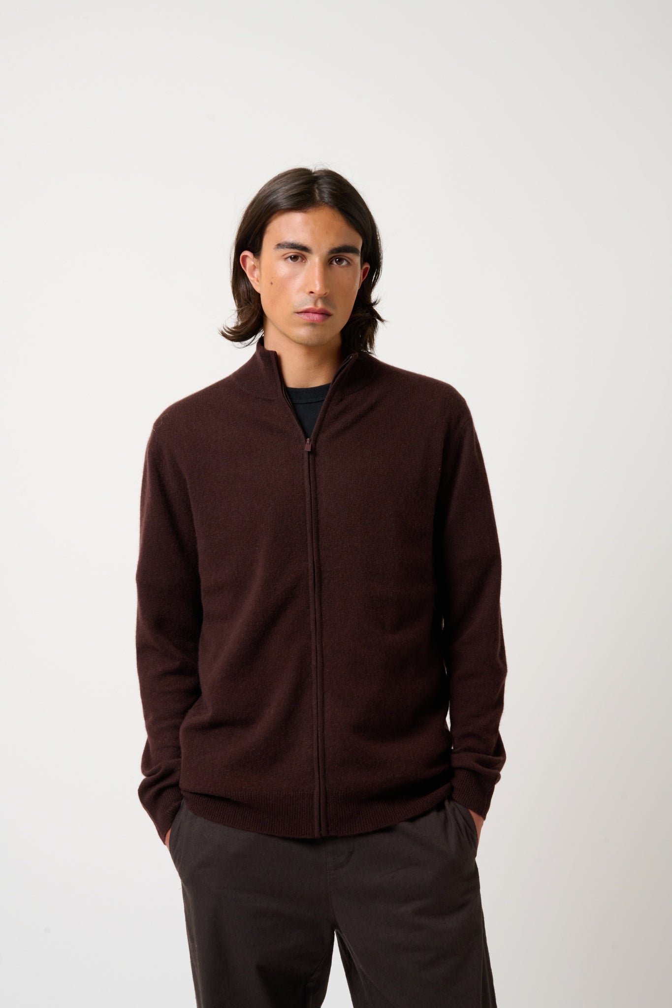 ALBARON zipped cardigan stand-up collar choco 100% cashmere