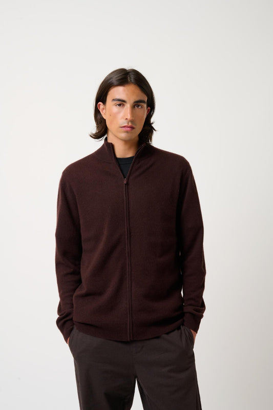 ALBARON zipped cardigan stand-up collar choco 100% cashmere