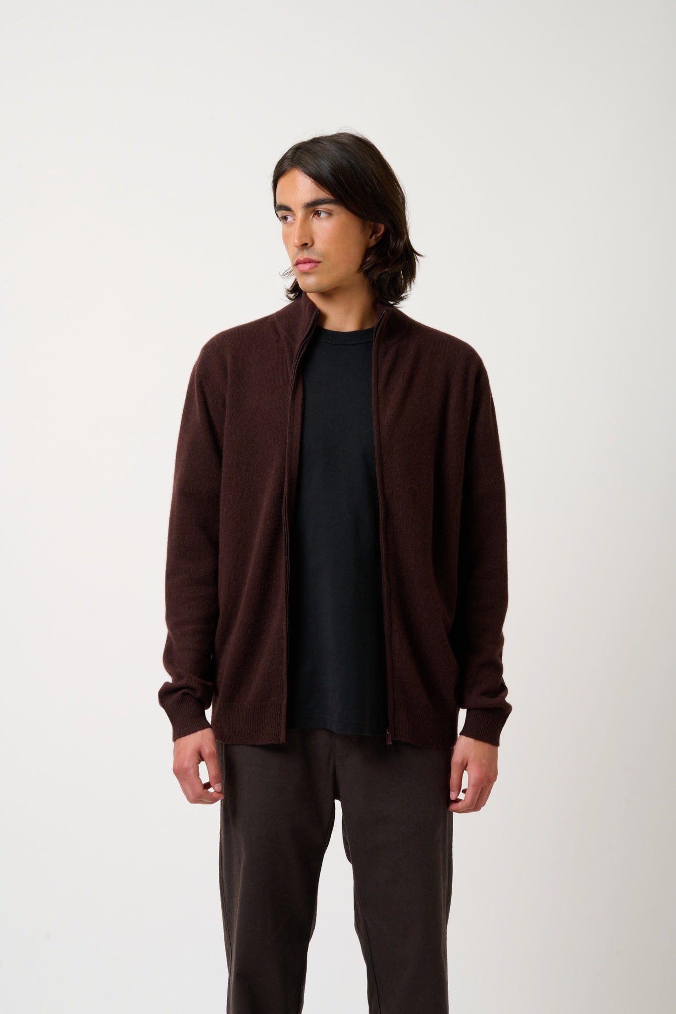 ALBARON zipped cardigan stand-up collar choco 100% cashmere