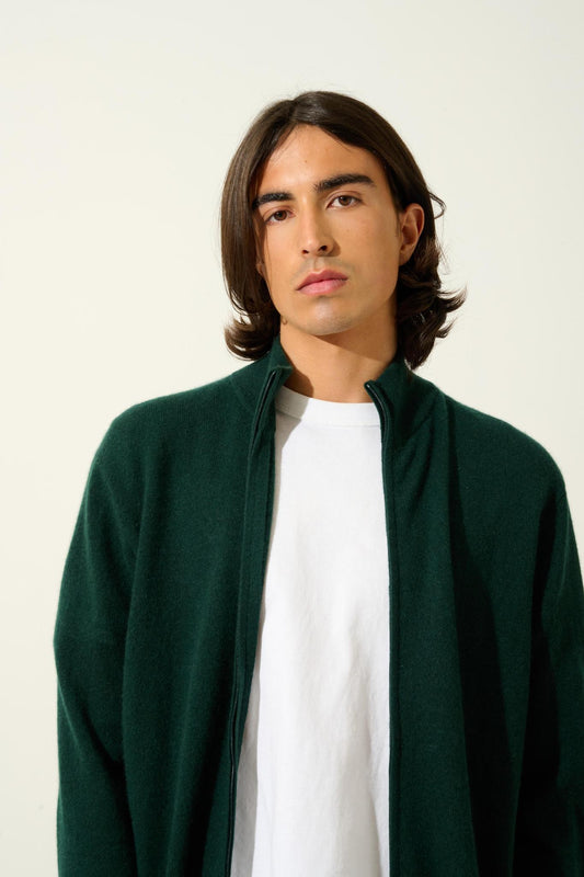 ALBARON zipped cardigan stand-up collar cypress 100% cashmere