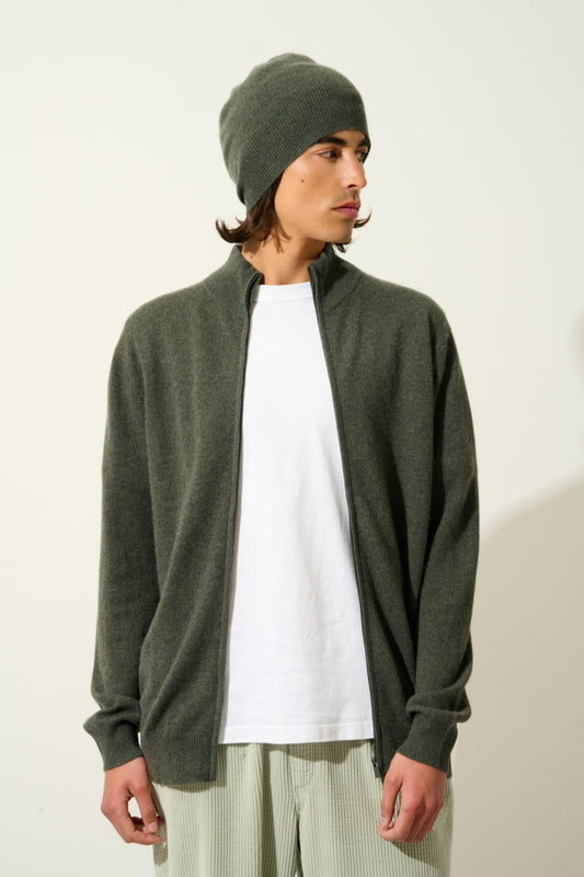 ALBARON khaki mottled stand-up collar zip cardigan 100% cashmere