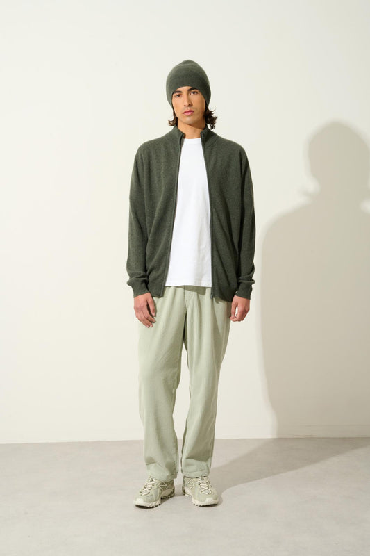 ALBARON khaki mottled stand-up collar zip cardigan 100% cashmere