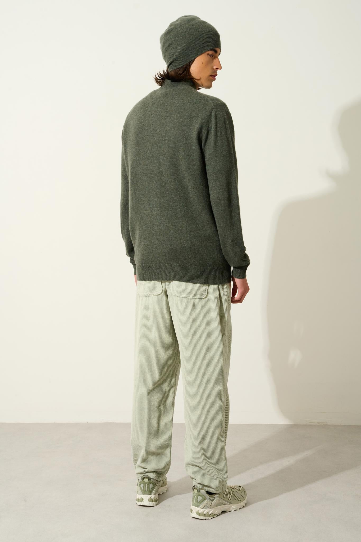 ALBARON khaki mottled stand-up collar zip cardigan 100% cashmere