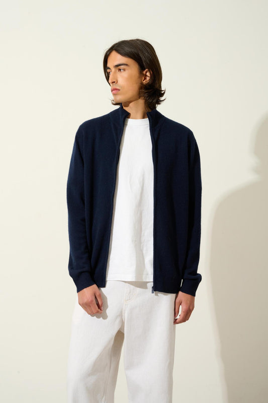 ALBARON zipped cardigan stand-up collar navy 100% cashmere