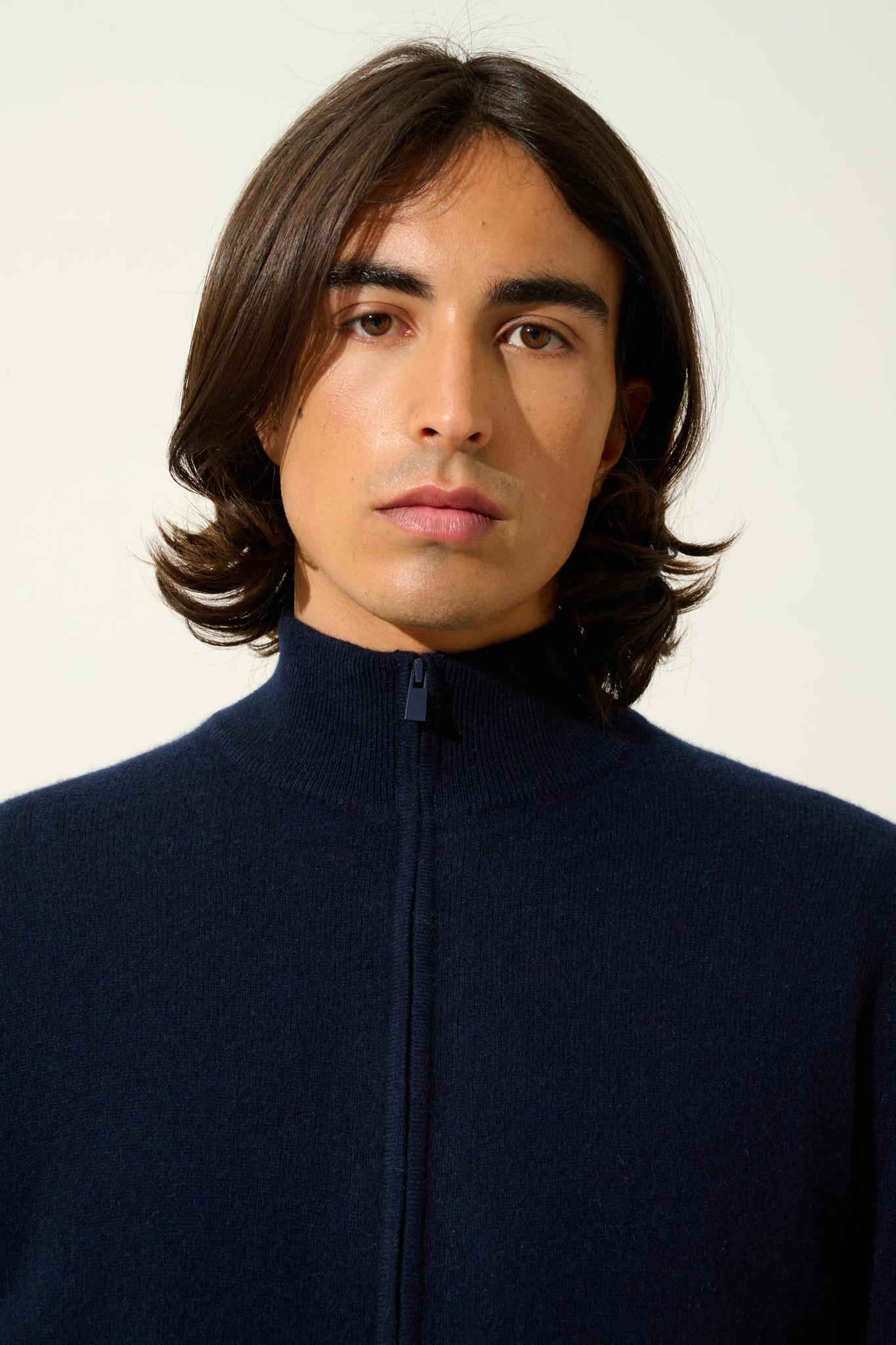 ALBARON zipped cardigan stand-up collar navy 100% cashmere