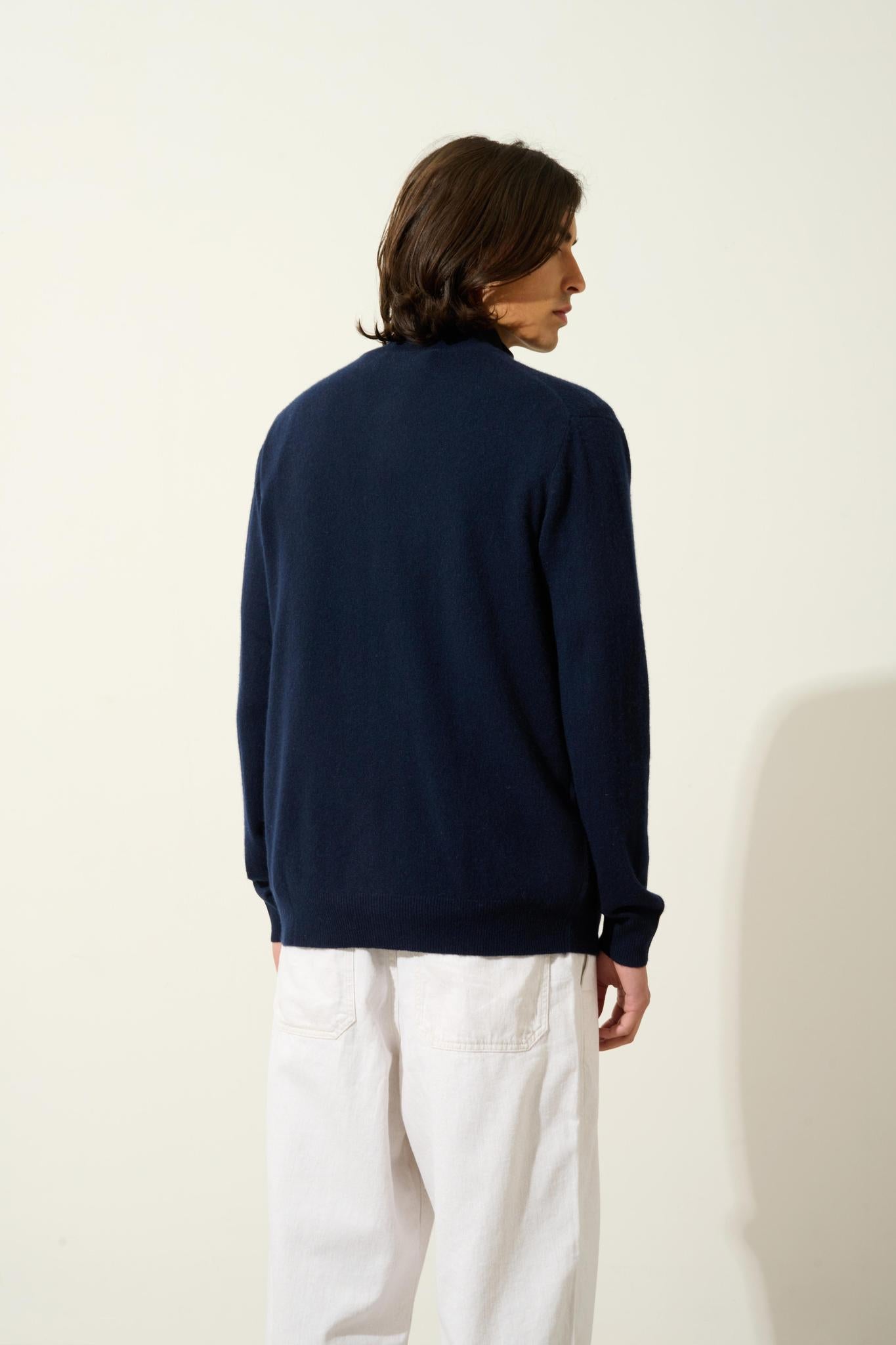 ALBARON zipped cardigan stand-up collar navy 100% cashmere