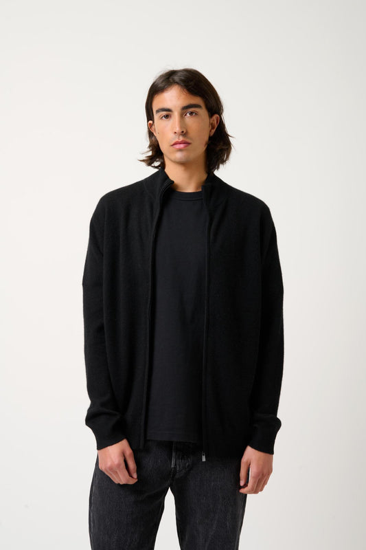 ALBARON black high collar zip cardigan 100% cashmere