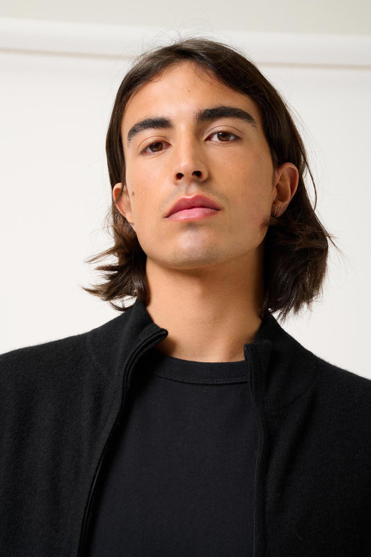 ALBARON black high collar zip cardigan 100% cashmere