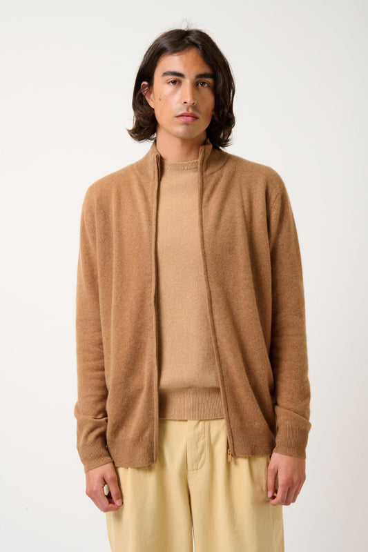 ALBARON zipped cardigan stand-up collar hazelnut 100% cashmere