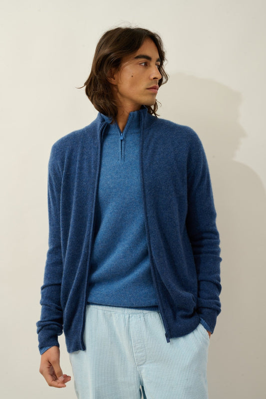 albaron gilet zippé col montant ocean chiné 100% cachemire