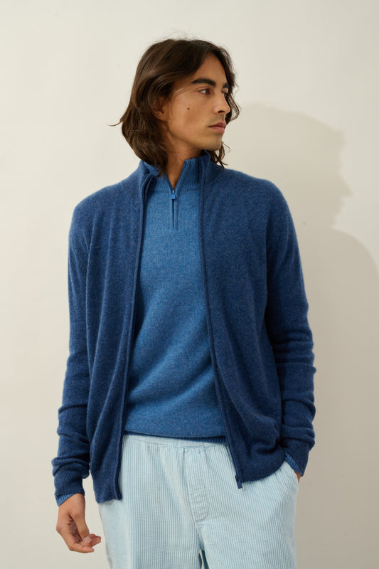 ALBARON gilet zippé col montant ocean chiné 100% cachemire