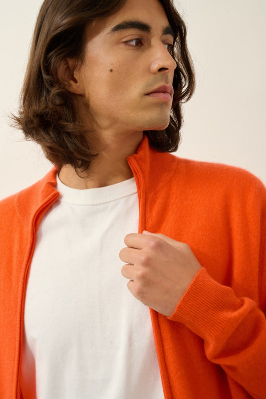 albaron gilet zippé col montant orange 100% cachemire