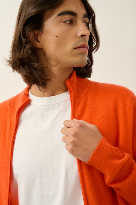 ALBARON gilet zippé col montant orange 100% cachemire