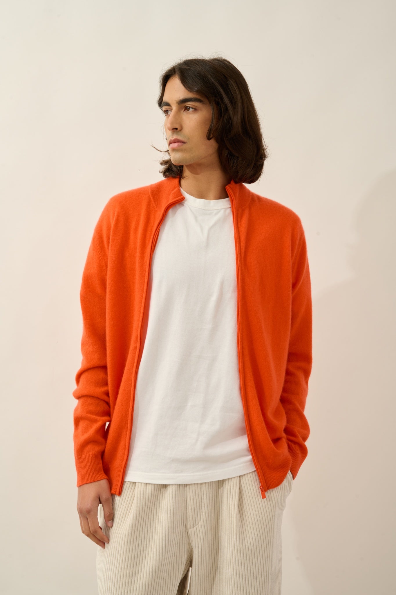 ALBARON gilet zippé col montant orange 100% cachemire