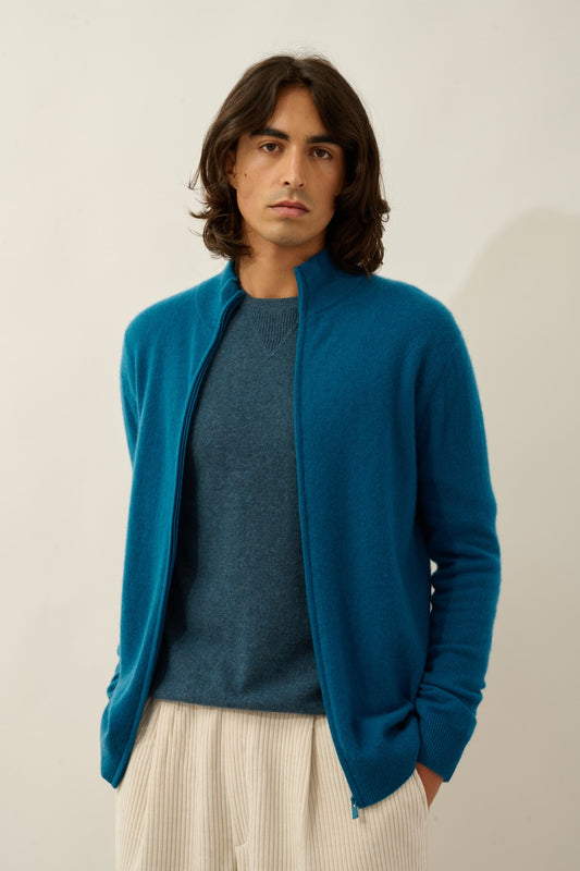 albaron gilet zippé col montant paon 100% cachemire