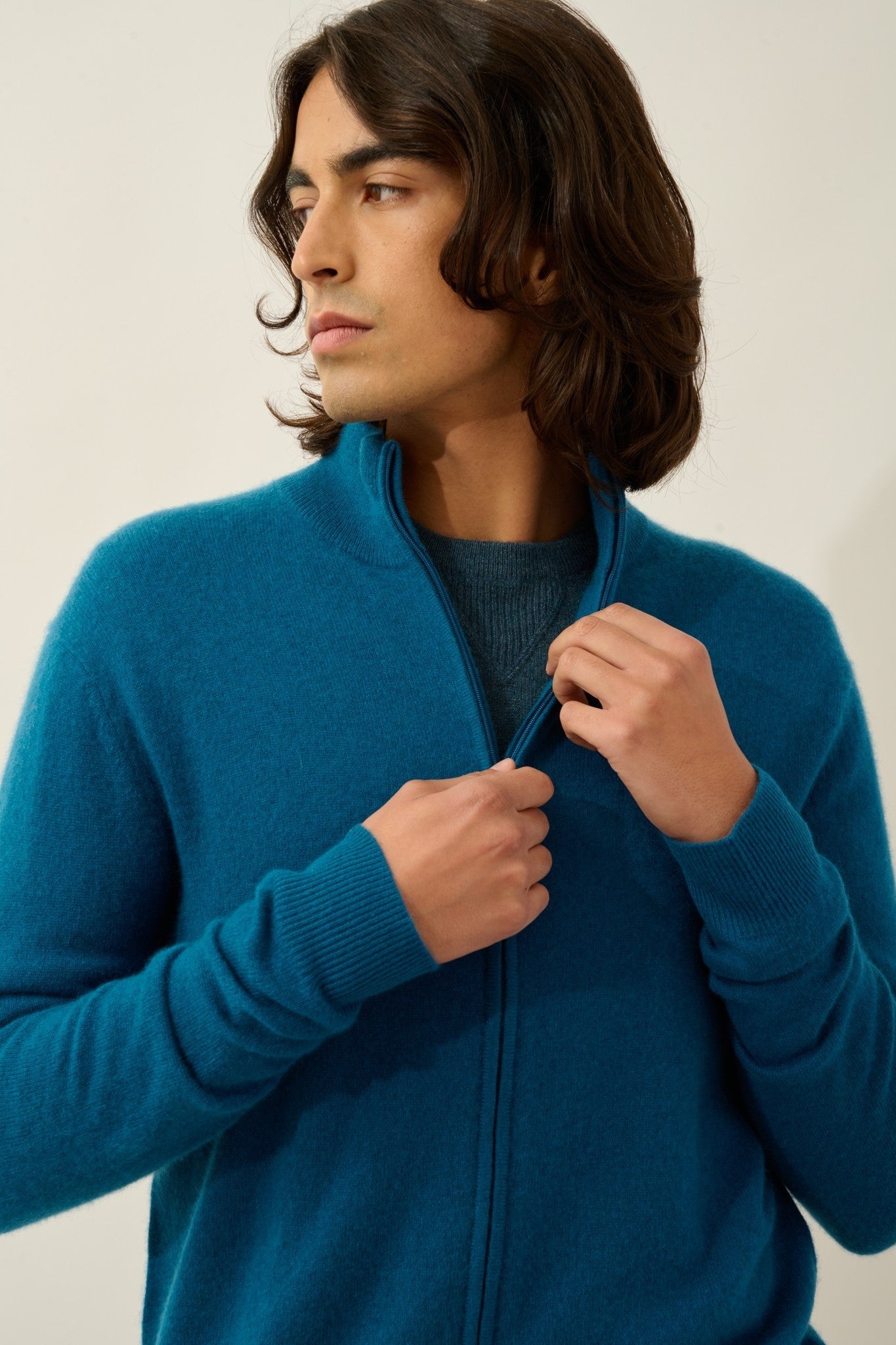 albaron gilet zippé col montant paon 100% cachemire