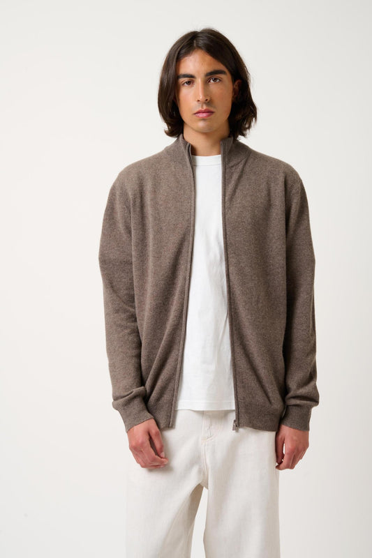 ALBARON zip cardigan stand-up collar taupe mottled 100% cashmere