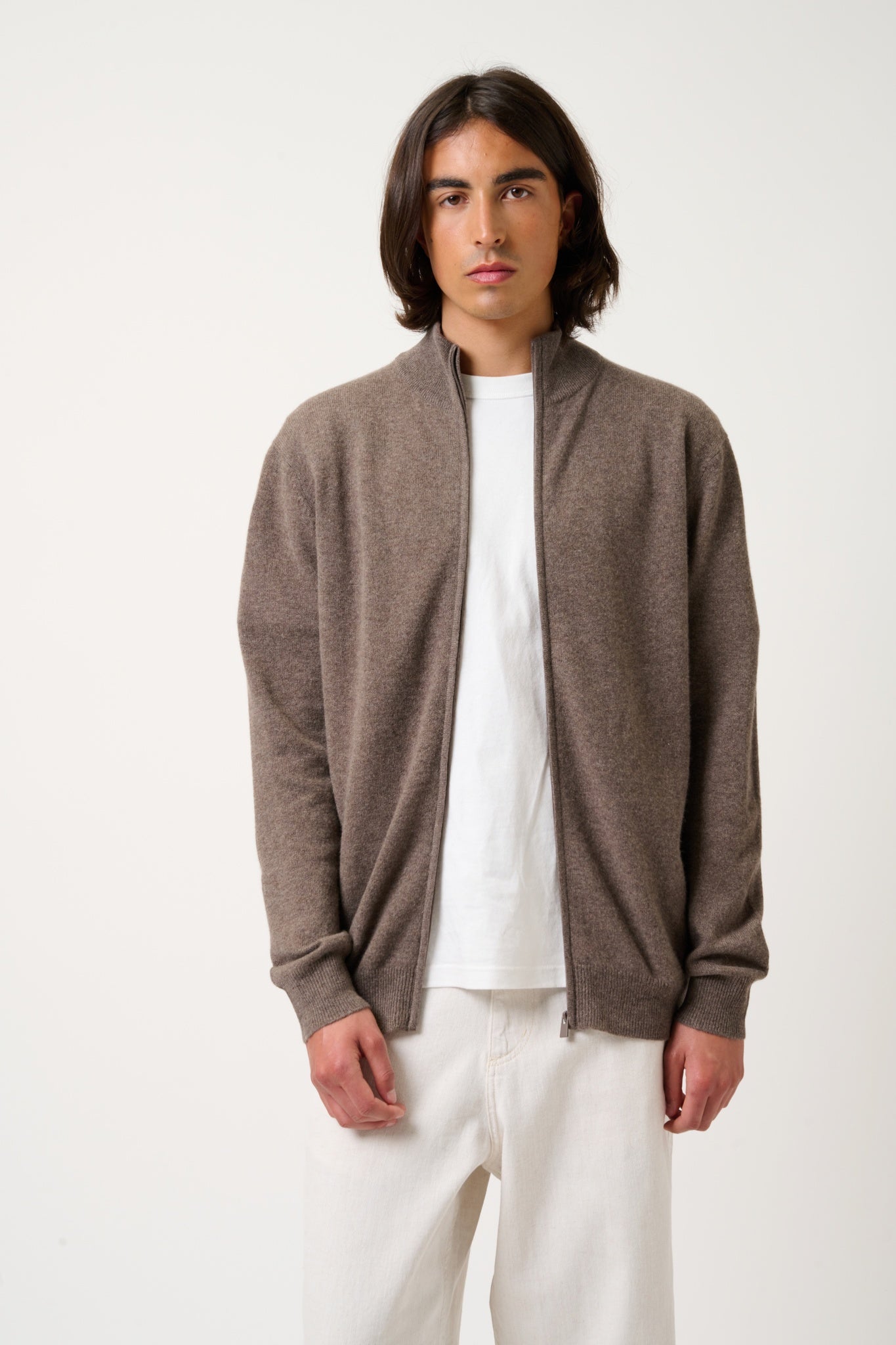 ALBARON gilet zippé col montant taupe chiné 100% cachemire