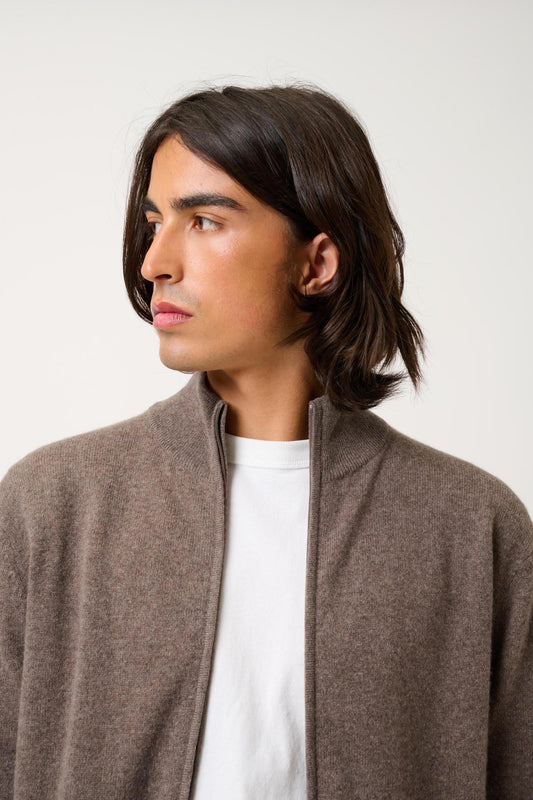 ALBARON zip cardigan stand-up collar taupe mottled 100% cashmere