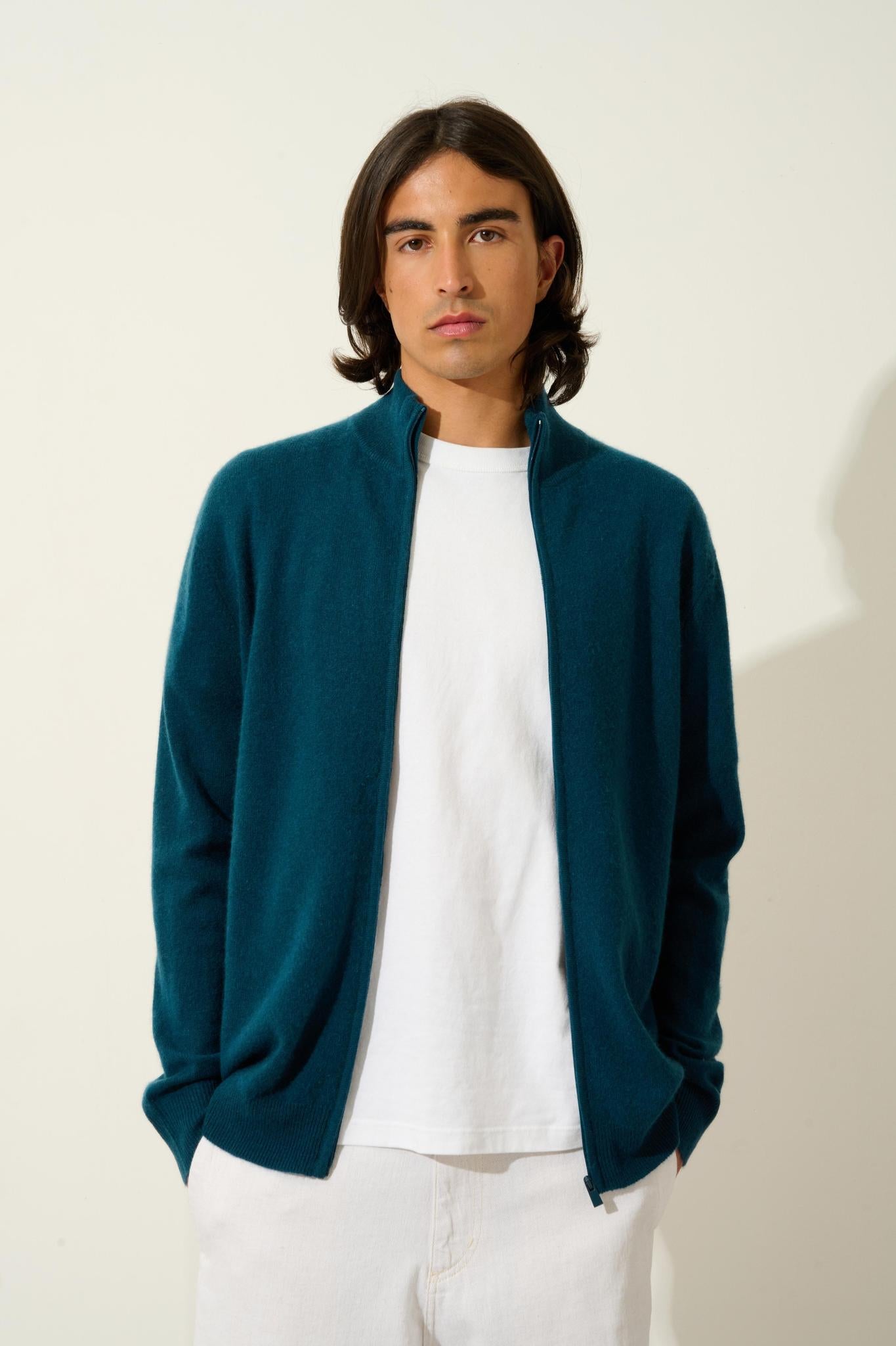 ALBARON zipped cardigan stand collar duck green 100% cashmere