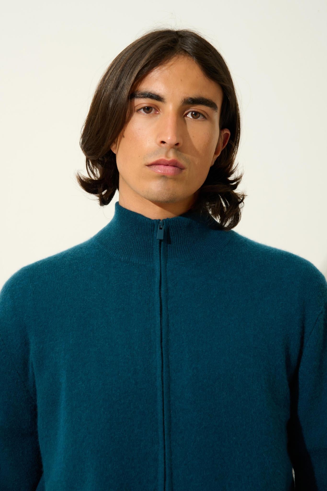 ALBARON zipped cardigan stand collar duck green 100% cashmere