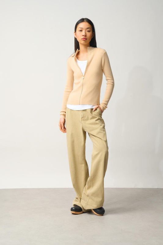 ALBERTE beige stand-up collar zip cardigan 100% cashmere