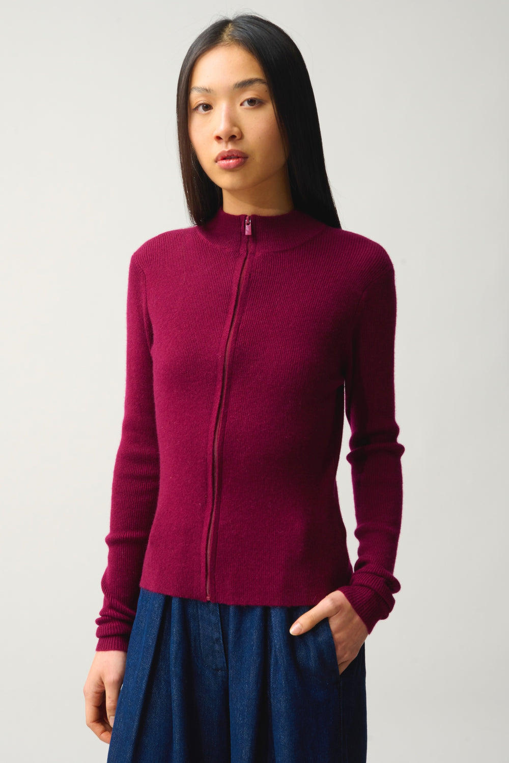 ALBERTE gilet zippé col montant bordeaux 100% cachemire