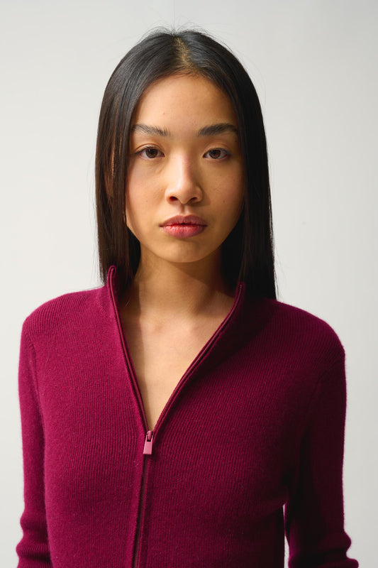 ALBERTE burgundy high collar zip cardigan 100% cashmere
