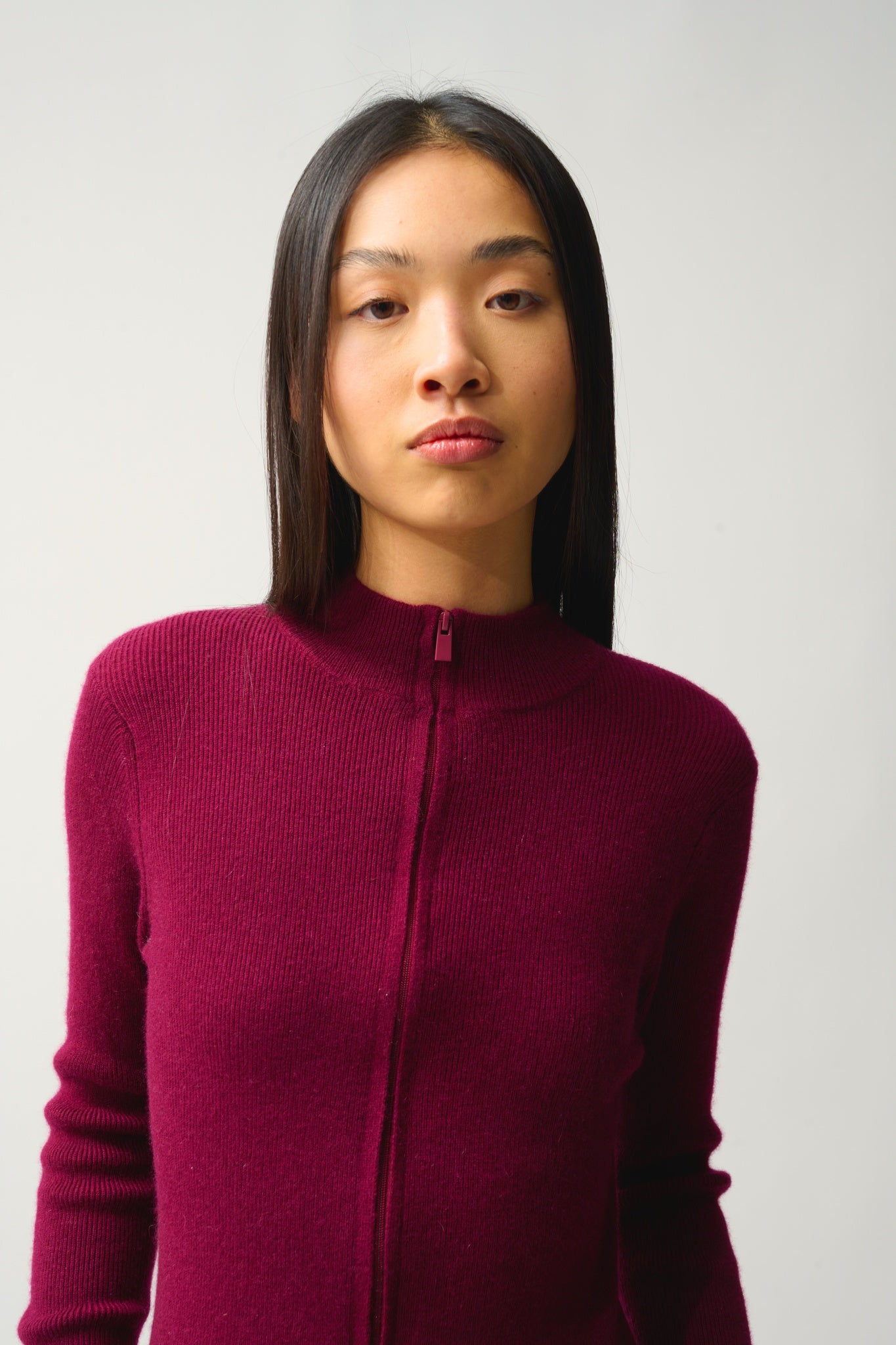 ALBERTE gilet zippé col montant bordeaux 100% cachemire