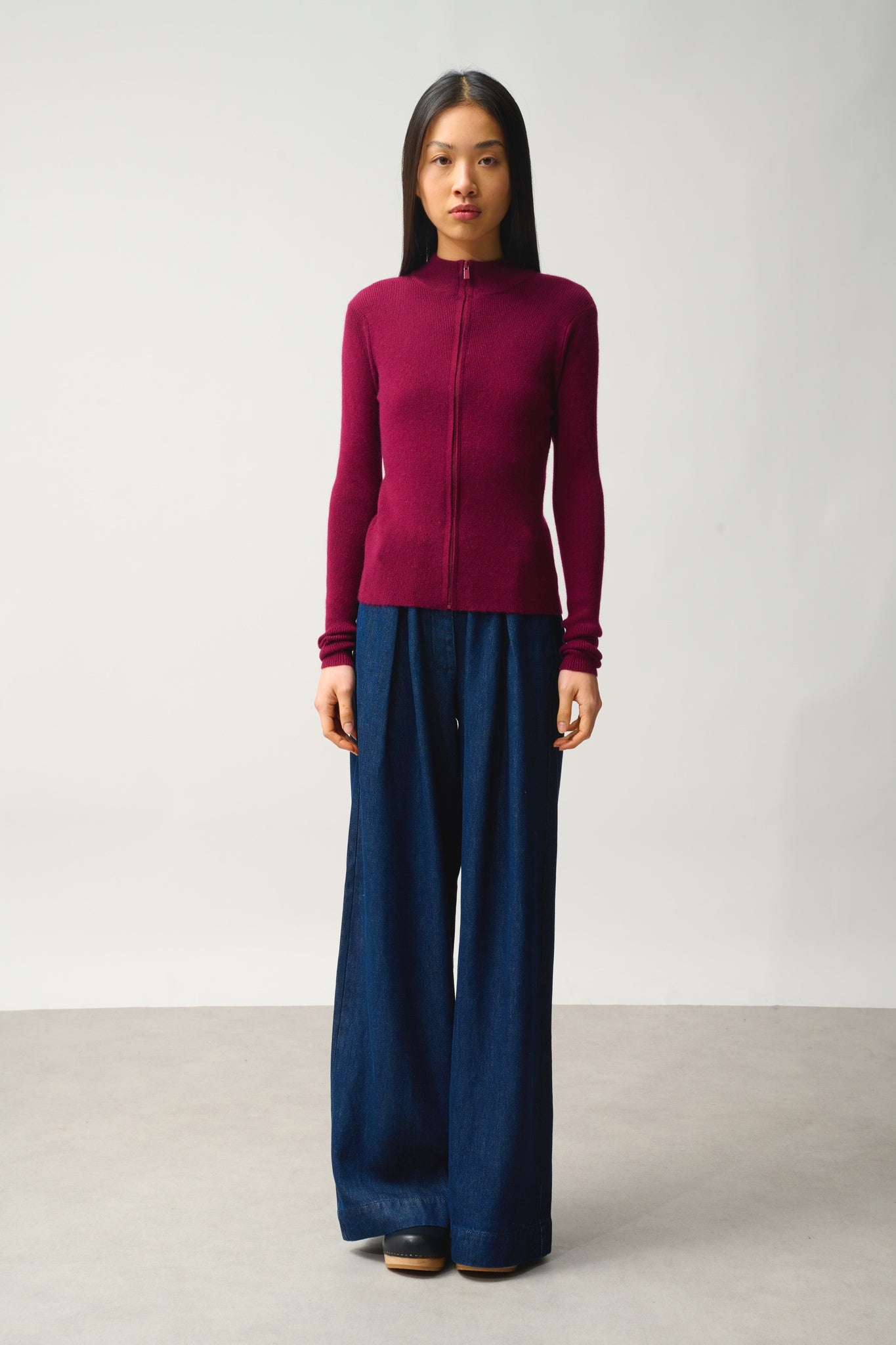 ALBERTE gilet zippé col montant bordeaux 100% cachemire